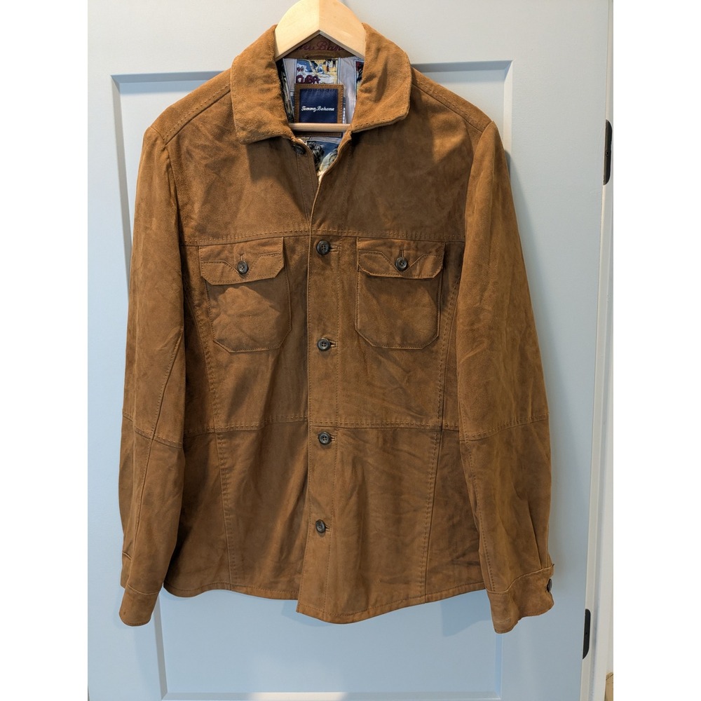 Tommy Bahama Mens Goat Suede Trucker Jacket Brown Goat Suede Lined Snap Front S
